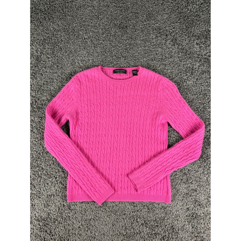 Valerie Stevens Hot Pink 100% Cashmere Cable Knit Sweater Crew Neck Womens XS